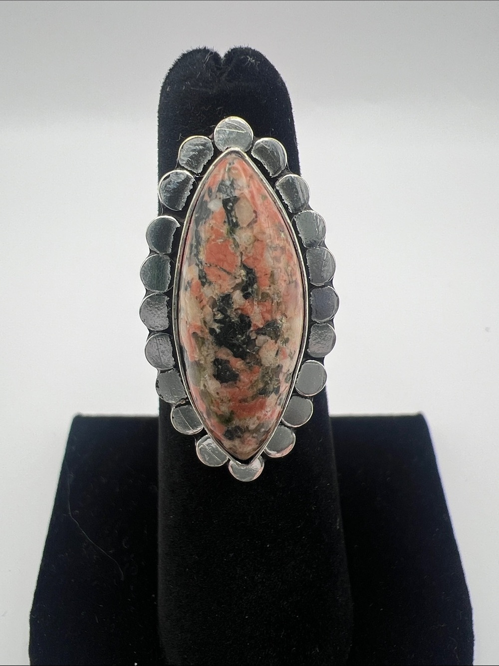 Unakite Marquise Stone Silver tone Statement Ring Size 5